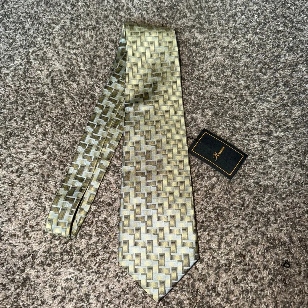 Bocara Silk Necktie Mens Sage Green Gold Basketweave Geometric Hand Made NWT